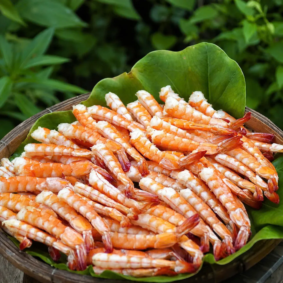 Mẹt tôm sấy dẻo Cô Ba Miền Tây xếp trên lá tại vườn nhà